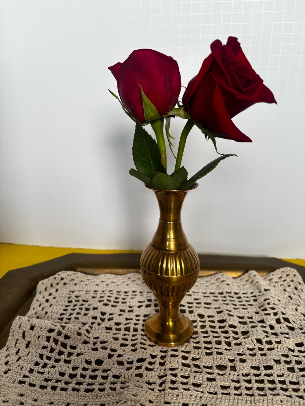 Brass Decorative Bud Vase with Red Rose Accent